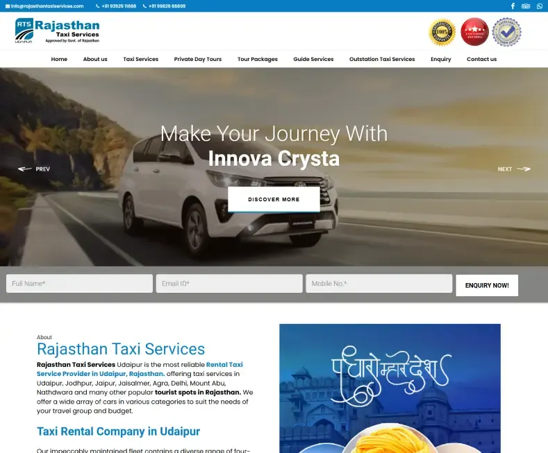 Rajasthan Taxi Services – Taxi Rental Company in Udaipur, Rajasthan, Hire a Taxi in Udaipur website designed by Udaipur Web Developer